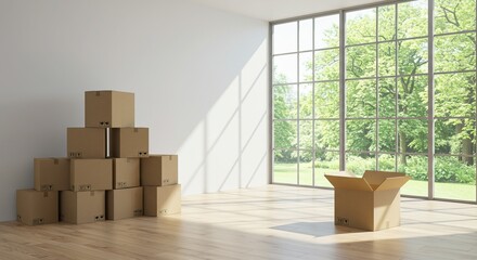 Moving Day Empty Room with Cardboard Boxes Ready for Unpacking