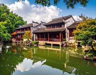 Naklejka premium Tranquil Chinese garden scene
