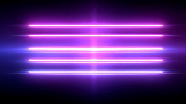 Luminescent parallel neon lines streaming across dark backdrop with vibrant purple, pink, and blue gradient, creating dynamic energy with motion blur and light streaks. Loop