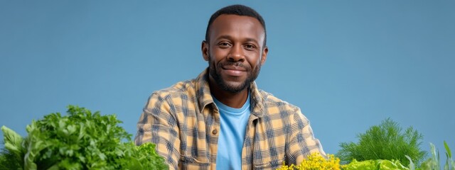Smiling Man Surrounded by Fresh Green Herbs Against Blue Background