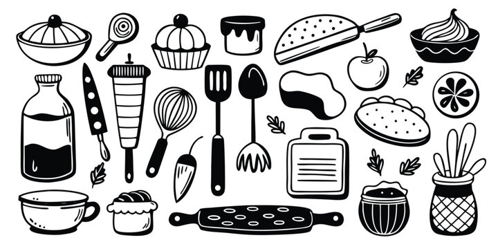 Hand-drawn kitchen essentials and baking tools collection for culinary creations