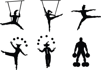 Circus silhouette, trapeze artist, clown juggling, strongman act, acrobat performance, carnival show, stage entertainment, vintage circus, festival fun, circus 
