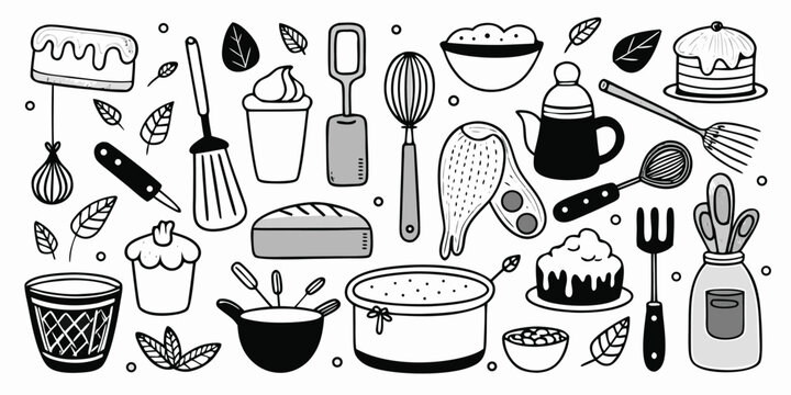 Collection of baking and cooking essentials hand-drawn line art style for kitchen and food enthusiasts