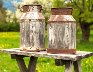 Fototapeta premium Rustic milk cans on wooden table