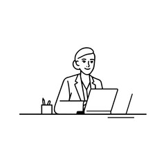Black and white line art of a beautiful successful career woman working at desk with laptop illustration