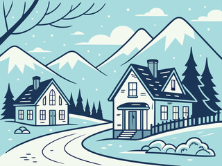 Two houses with snowy roofs on a winter day with mountains. Calm rural landscape with cottages for Christmas holiday.