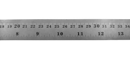 A long stainless steel ruler with dual scales: centimeters and inches. It features a hanging hole at the right end and clear numbers for precise measurements.