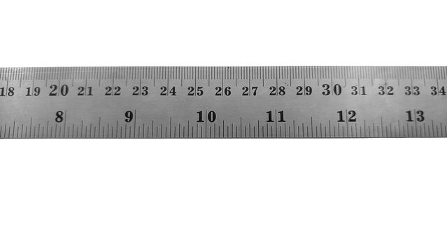 A long stainless steel ruler with dual scales: centimeters and inches. It features a hanging hole at the right end and clear numbers for precise measurements.