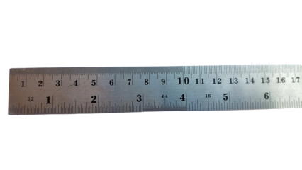 A long stainless steel ruler with dual scales: centimeters and inches. It features a hanging hole at the right end and clear numbers for precise measurements.
