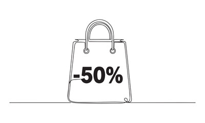 Shopping bag with fifty percent discount symbol on white background