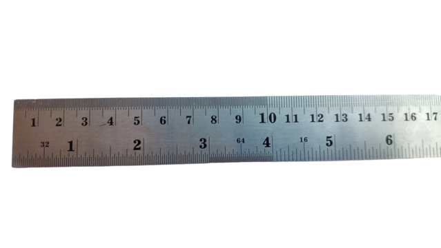 A long stainless steel ruler with dual scales: centimeters and inches. It features a hanging hole at the right end and clear numbers for precise measurements.