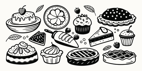 Delicious baked goods assortment featuring pies cakes cupcakes and pastries in sketchy style