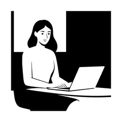 Black and white line art of a beautiful successful career woman working at desk with laptop illustration