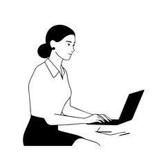 Black and white line art of a beautiful successful career woman working at desk with laptop illustration