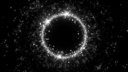 Glowing sparkle ring with glitter circle frame and shining particles on dark background, magic...