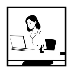 Black and white line art of a beautiful successful career woman working at desk with laptop illustration
