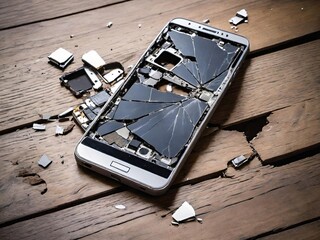 A severely damaged smartphone with a shattered screen and exposed internal parts on a wooden floor.