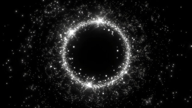 Glowing sparkle ring with glitter circle frame and shining particles on dark background, Starburst, magic portal light effect and abstract luminous border PNG illustration.