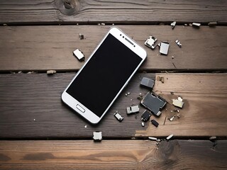 A damaged white smartphone with a shattered glass back, lying on a wooden floor.