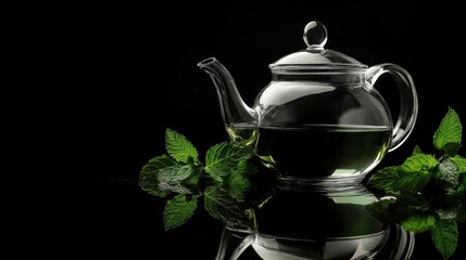 Refreshing mint tea brewing in a glass teapot cozy kitchen still life dark background herbal concept