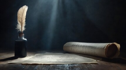 Historic writing instruments ancient library still life enigmatic atmosphere close-up creativity unleashed