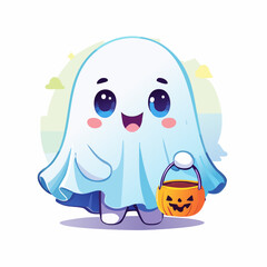 Obraz premium Cute Halloween Ghost with Candy Bucket Illustration.