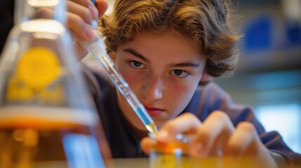 Science experiment in school lab young student conducting chemistry research with precision tools