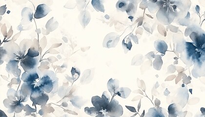 A seamless pattern of watercolor floral elements in soft blue and gray