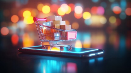 E-commerce revolution shopping cart on smartphone digital marketplace modern retail urban setting close-up view technology concept