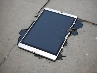 A cracked silver tablet on a concrete ground, with shattered glass and a dark substance leaking from the broken corner.