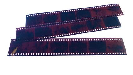 A transparent brown negative film roll with a perforated frame typical of analog cameras, with a transparent background.