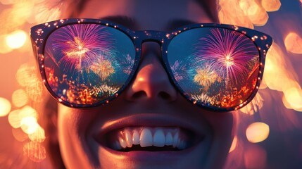 Celebration of joy fireworks reflected in sunglasses urban nightscape photography vibrant atmosphere upbeat perspective