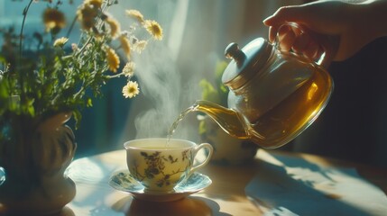 Pouring tea cozy home beverage preparation warm atmosphere close-up view comfort and relaxation