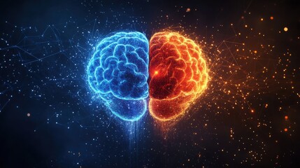Duality of thought creative vs. Analytical brain visualization digital art futuristic environment abstract concept