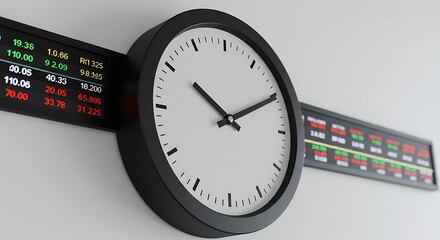 Wall clock with world stock market tickers around it