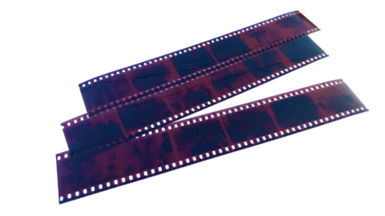 A transparent brown negative film roll with a perforated frame typical of analog cameras, with a transparent background.