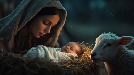 Nativity scene mother and baby jesus with sheep bethlehem religious art nighttime intimate and peaceful setting