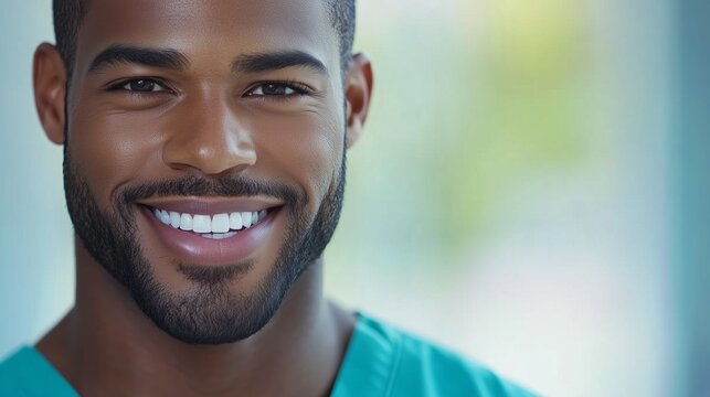 Professional medical worker standing confidently in hospital, African American male in blue scrubs, warm smile expressing compassionate healthcare medical worker - Powered by Adobe