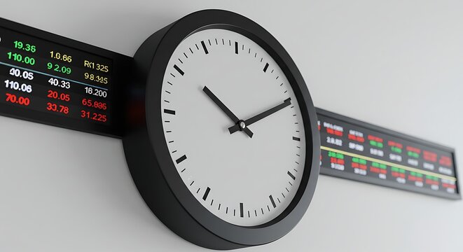 Wall clock with world stock market tickers around it