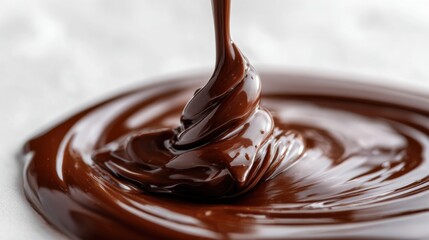 Melting chocolate pouring over swirled texture kitchen food photography warm lighting close-up culinary art