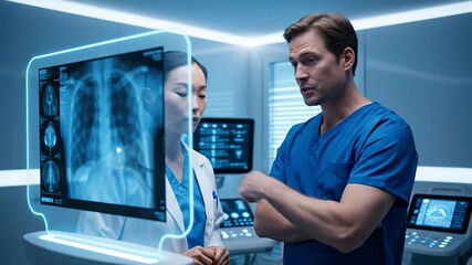 In a contemporary medical facility, a pair of physicians are working together in a high tech hospital room, analyzing a patient's chest x ray displayed on a holographic and see through screen
