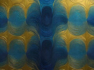 An abstract and ornate pattern with wavy lines and oval shapes in a gradient of gold and blue.