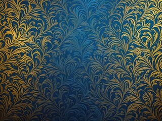 An elegant and intricate damask-style wallpaper pattern in a gradient of deep blue and golden yellow.