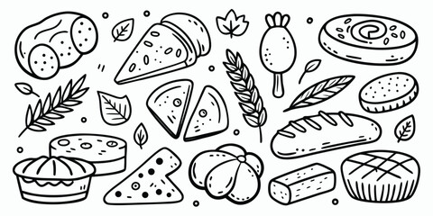 Artistic sketch collection of baked goods and cheeses for culinary creations