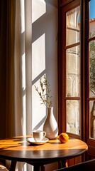 Soft sunlight streaming through window, highlighting ceramic cup, orange fruit, white vase with olive branches resting on rustic wooden round table with pale curtains, a coffee cup