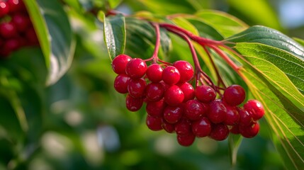 Fototapeta premium Ripe red berries hanging on branch.