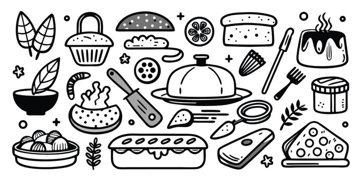 Hand-drawn baking essentials collection featuring cakes pies and utensils for culinary creativity