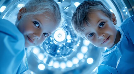 Two young brother and sister wearing surgical gowns are looking into the bright light of operating room, evoking a sense of wonder and curiosity ,Two young brother and sister wearing surgical gowns 