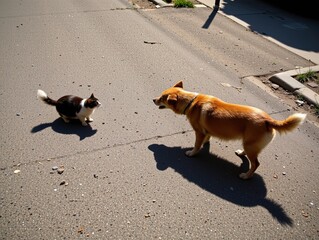 Street Showdown: Dog Barking at a Cat Under the Sunny Sky with Ample Copy Space