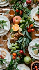 Festive dining table adorned with colorful seasonal produce, fresh bread, and eucalyptus, presenting elegant rustic centerpiece arrangement with warm, inviting Festive dining table